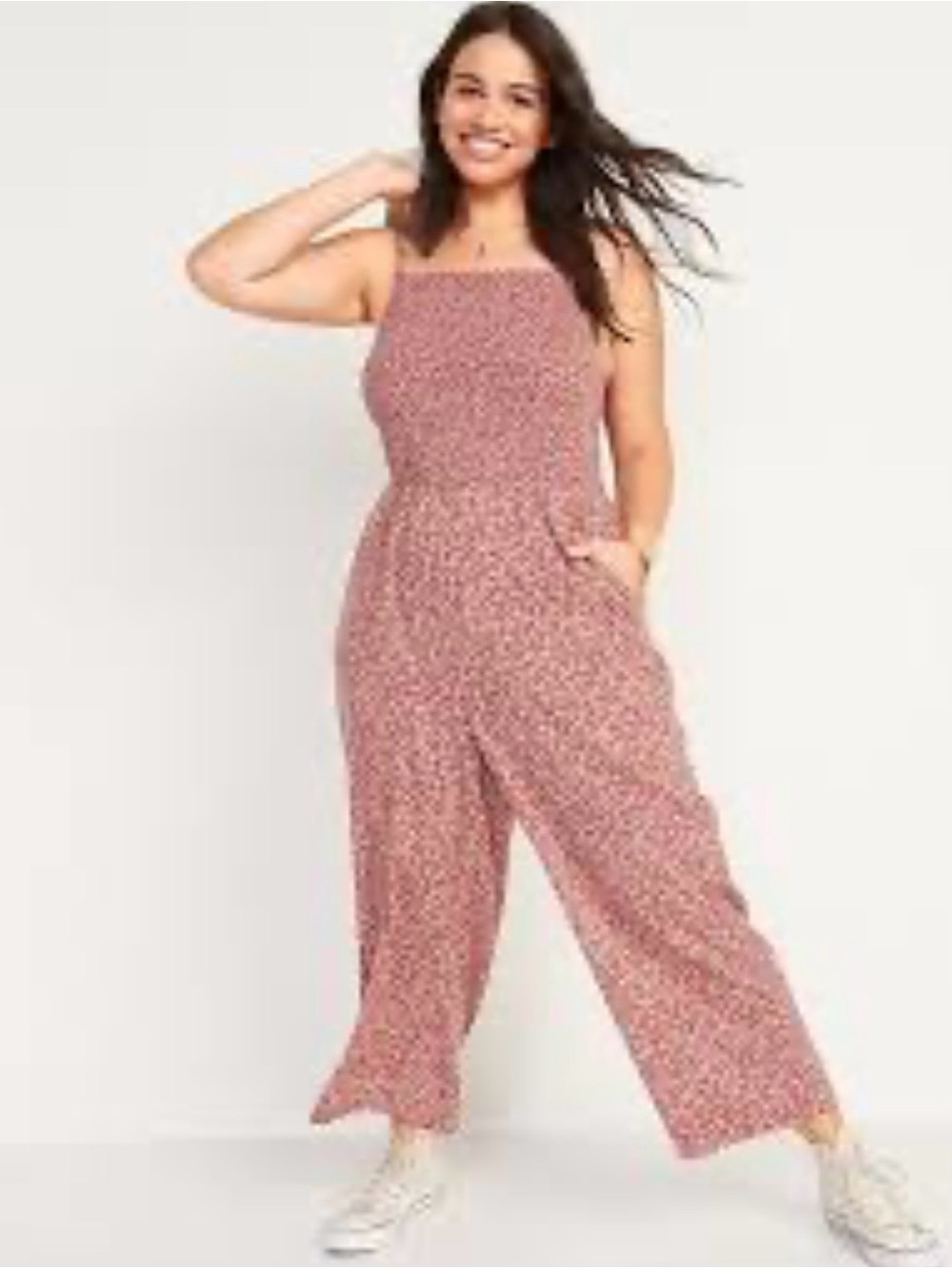 🏜️🌹EUC Old Navy “Smocked Cami Jumpsuit w/Pockets🤗 in Red Ditsy/Desert🏜️Rose🌹”XXL